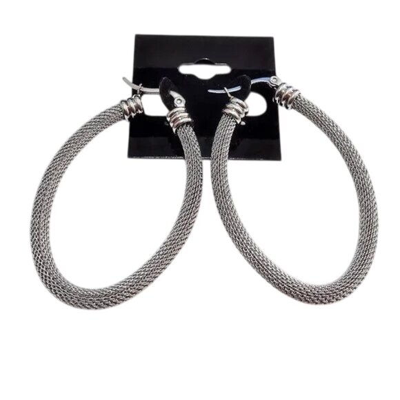 2 1/8" Long Oval Mesh Hoop Pierced Post Earrings Silver Tone 56mm Stainless Stee - Picture 6 of 6